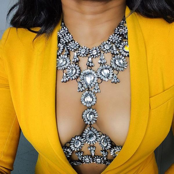 

lady new summer long body necklace chain handmade ab crystal gem chunky maxi luxury gem statement necklace femme 3415, Silver