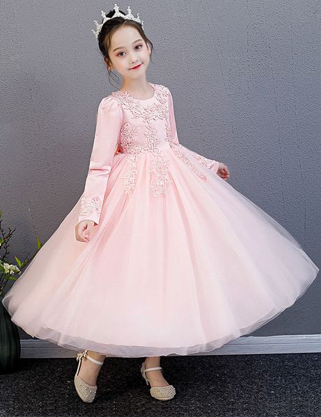 

winter elegant pearl embroidery lace princess kid dress bow show girl party dress performance piano evening dress girls costume t200709, Red;yellow