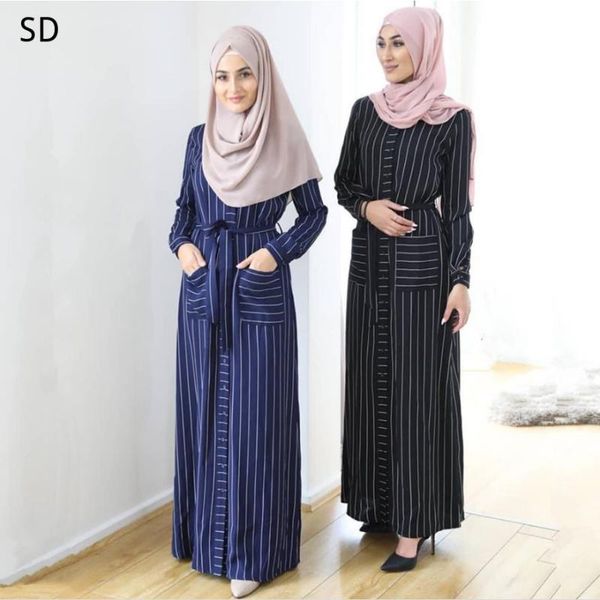 

striped a-line abaya dress with pockets muslim dress islamic kaftan robe farasha plus size, Red