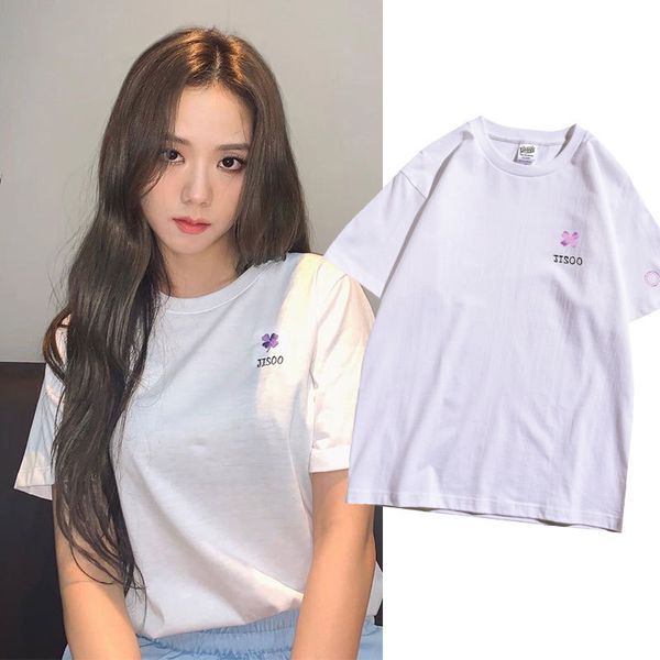 

kpop blackpink jisoo flowers print short sleeved t shirts women summer cotton tees harajuku tshirt female casual tees loose, White