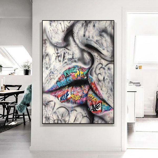 

lover kissing street graffiti art painting on canvas posters and prints abstract wall art picture for living room home decor