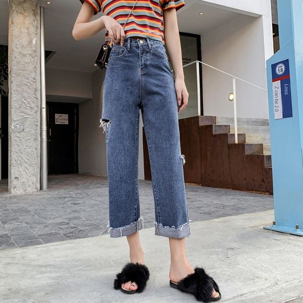 

b3vcs large size and trousers and jeans women's clothing fat sister 2020 summer new high waist jeans with holes ankle-length pants tren, Blue