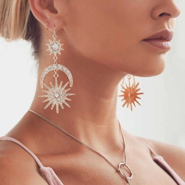 

ztech big luxury sun moon drop earrings rhinestone punk earrings for women brand jewelry boho vintage statement, Silver