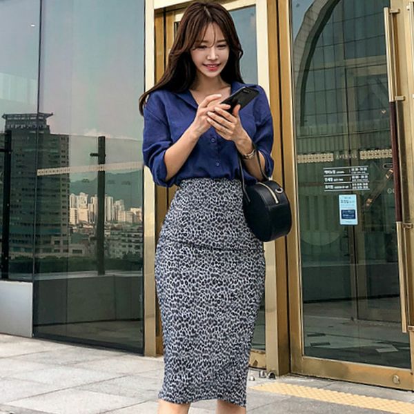 

2020 autumn blue casual solid blouse shirt leopard print midi skirt two piece sets bodycon work dress, Gray