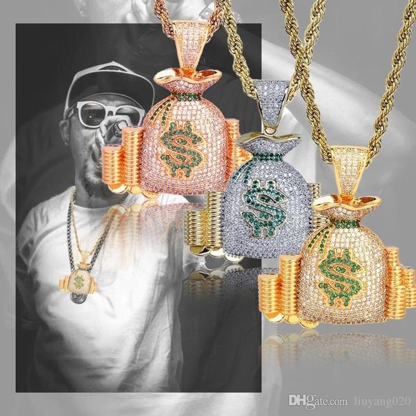 

zircon bling ice out us dollar wallet purse money bag pendant necklaces copper men's hip hop rapper jewelry accessories