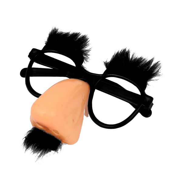 

coral clown pink nose and black mustache round glasses