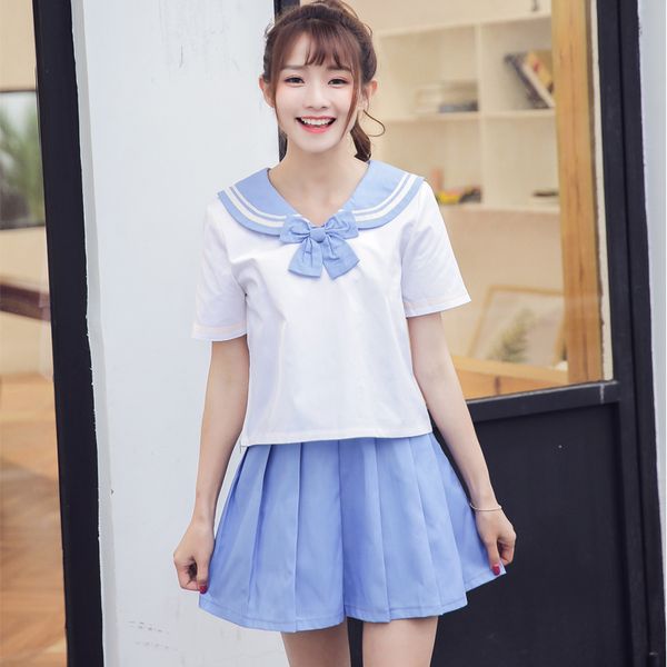 

summer school uniforms girl student sailor class uniform jk navy sailor uniform short sleeved suit 2pcs ailor suit d-0609, White