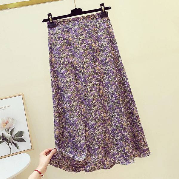 

фиолетовый женщин цветочные весной и осенью 2020 новый высокой талии похудение все-матч бедра длинные короткие юбки юбка шифон средней длины, Black