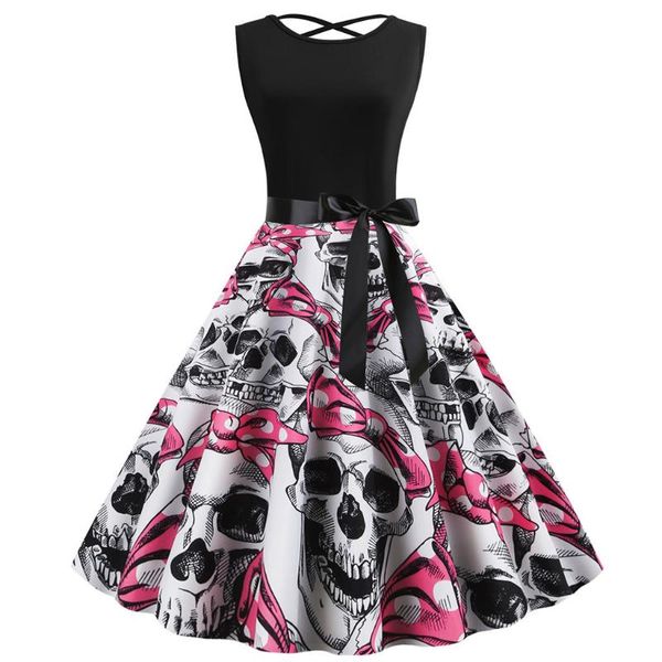 

robe pin up vintage dress 2020 skull print halloween dress women sleeveless 50s 60s rockabilly party dresses big swing#3, Black;gray