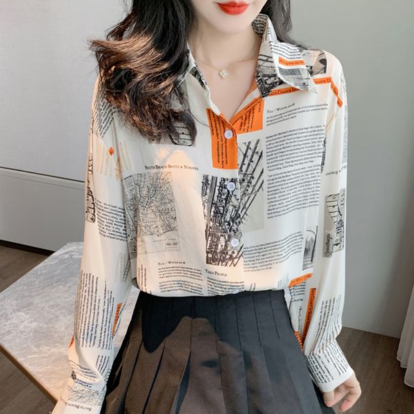 

vintage loose long sleeve blouses women 2020 autumn new chiffon letter printed shirts blusas female korean style womens, White