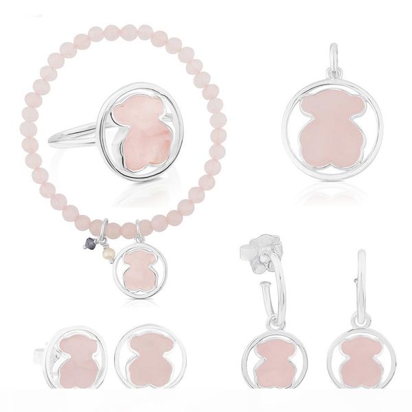 

100% 925 sterling silver cute bear powder quartz earrings earrings ring bracelet pendant original jewelry factory direct sales, Black