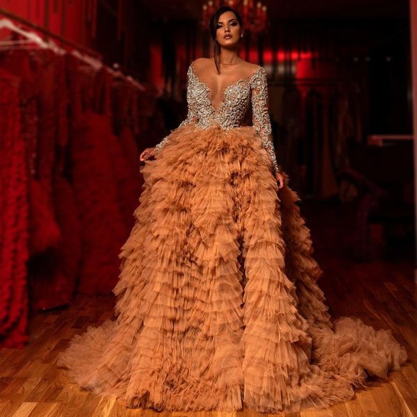 

vestidos sheer neek long sleeve crystal beaded formal evening dresses 2020 ruffle tiered long celebrity dresses suknie wieczorow prom gown, Black