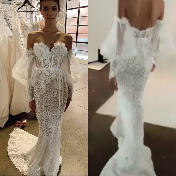 

2020 luxurious wedding dresses sweetheart appliques lace mermaid bridal gowns custom made sweep train wedding dress robes de mariÃ©e, White
