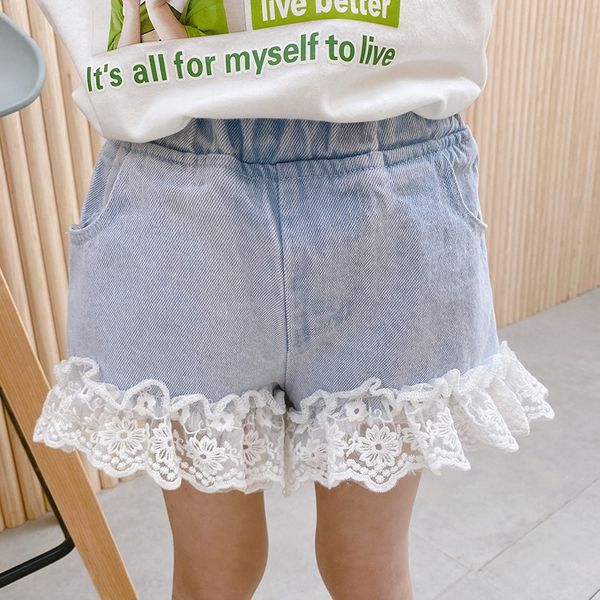 

kkbe6 2020 summer korean style children's wear girls' lace-edge denim baby girls' all-match denim lace shorts children's, Blue
