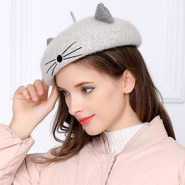 

female korean style sweet cute cat ear painter hat youth all-match woolen woolen tide painter's hat beret beret, Blue;gray
