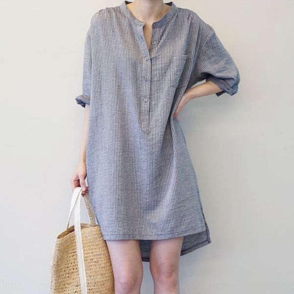 

2wgym 2020 cotton linen striped dress cotton and linen shirt dress bf style length half sleeve front short back irregular shirt women's, White