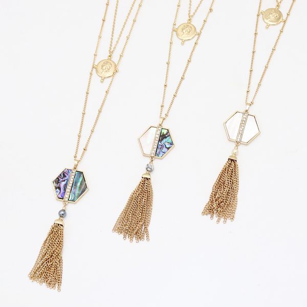 

fashion square hexagon abalone shell pendant metal tassels long chain sweater necklace geometric body jewelry, Silver