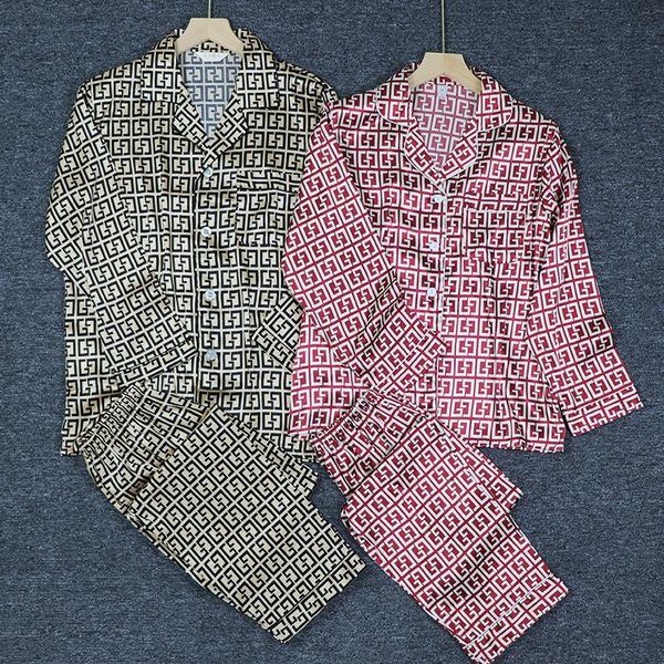 

new imitation silk couple season simulation pajamas pajamas silk long sleeve letter thin home clothes set, Blue;red