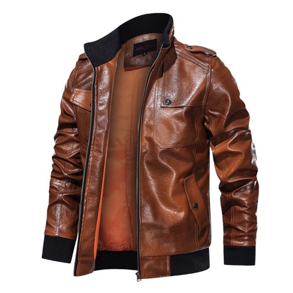 

new autumn leather jacket men winter windbreaker motorcycle stand collar washed leather jacket mens pu quality coats, Black;brown