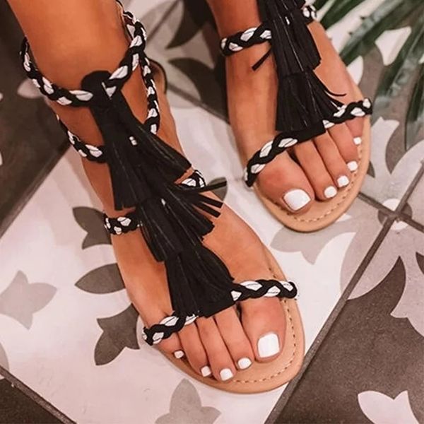 

summer women beach sandals open toe ankle strap gladiator ladies sandals bohemian handmade fringe female shoes big size, Black