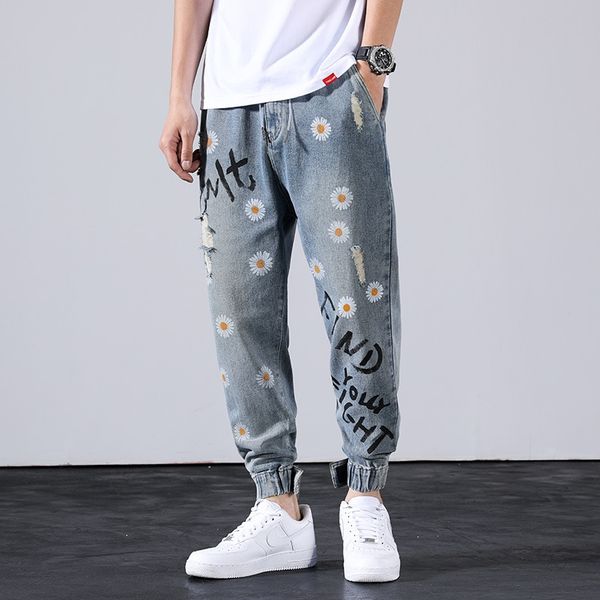 

ripped nine nine ninth jeans men's cropped trendy brand printed daisy internet celebrity same pants men's loose harem pants, Blue