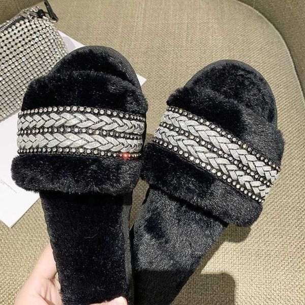 

rimocy small crystal furry fur soft slippers warm comfortable home floor bedroom shoes antiskid flat casual slippers ladies, Black