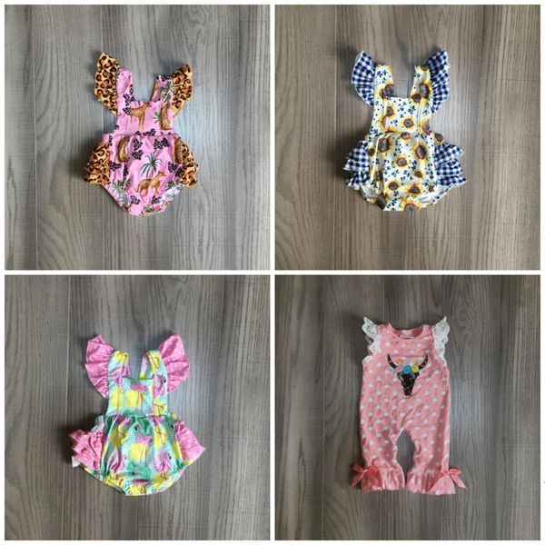 

summer baby girls kids wear romper coral cow flamingo plaid sunflower leopard toddler cotton boutique children clothes ruffles, Blue