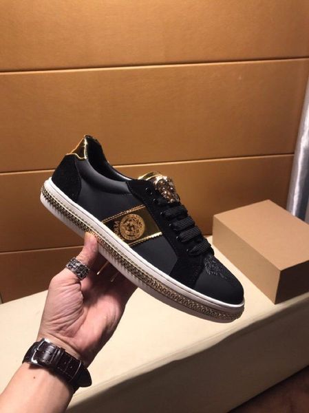 

2020 high-end medusa embroidery and color matching men's leather casual low-sneakers, large size fashion lace-up sneakers, size: 38, Black