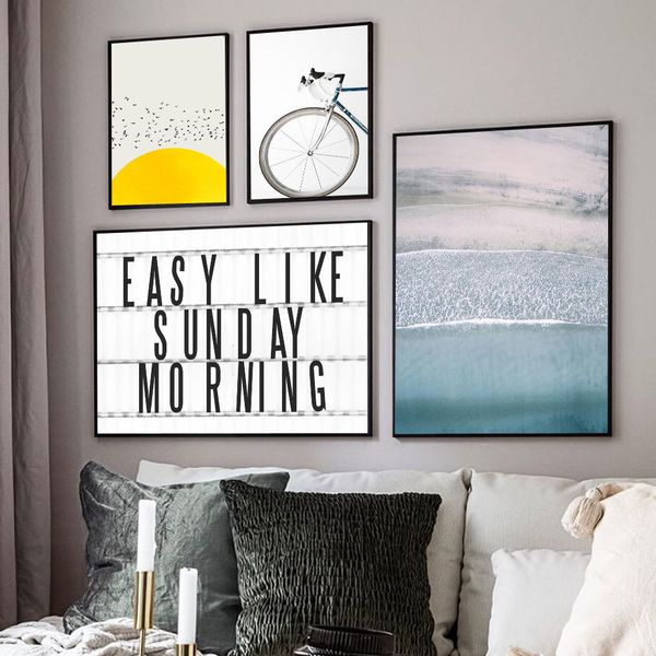 

scandinavian beach bicycle sun canvas poster nordic landscape wall art print painting decorative picture living room home decor