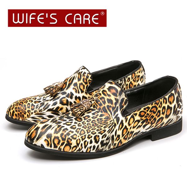 

new hair stylist nightclub shoes pointed toe leopard print leather shoes men's casual fashion small leather, Black