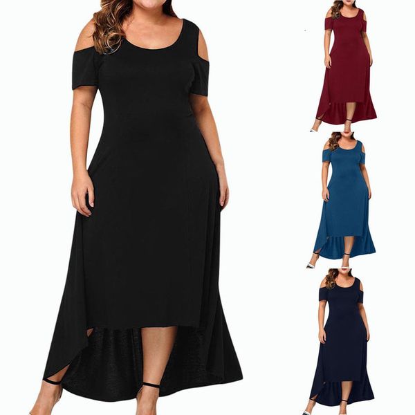 

maxi dress womens casual fashion elegant l 5xl plus size o neck solid color off shoulder strapless short sleeve summer dress z4, Black;gray