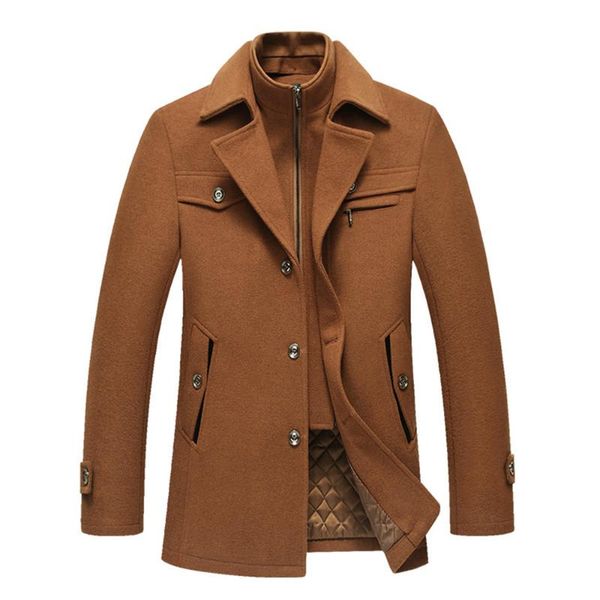 

men wool trench coat single breasted slim jackets casual loose solid overcoats windbreaker winter outwear warm coat, Black