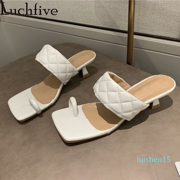 

fashion split toe mules women summer vacation party shoes black white yellow square toe high heels sandals leather slippers lady l15