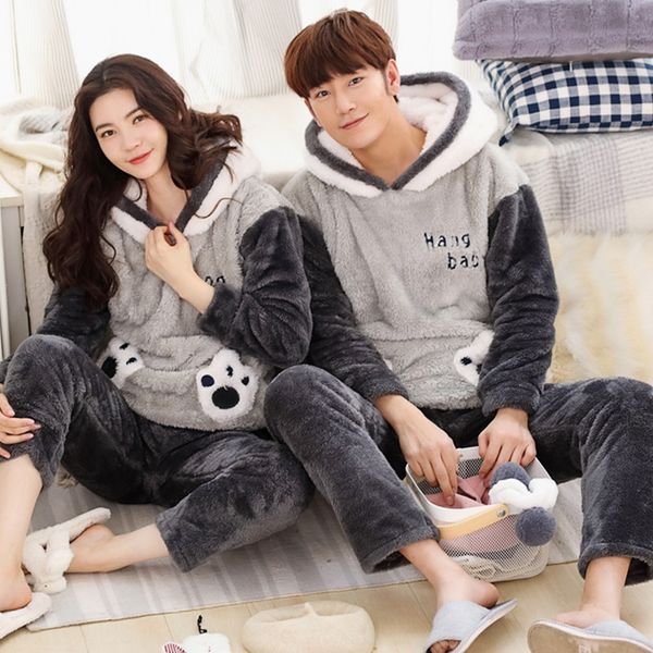 

cartoon flannel thickened couple long-sleeved warm plush youth cute home warm pajamas pajamas clothes set, Blue;red