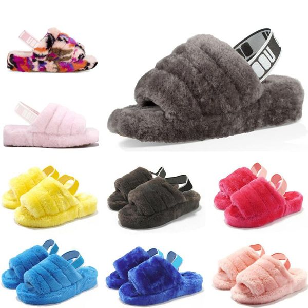 

2020 женская пуха да скользят furry тапочки австралия 2020 женщин повседневная обувь роскошные сандалии fur слайды тапочки t6hw #, Black
