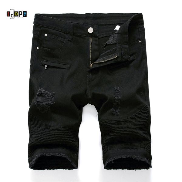 

men's jeans idopy men ripped biker denim shorts summer motorcycle for male multi pockets brand designer plus size 28-40, Blue