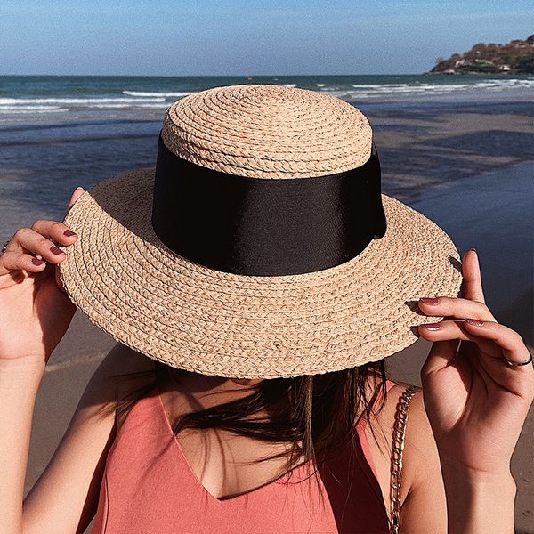 

female summer korean holiday hipster beach flat sunscreen straw sunscreen hat leisure all-match straw hat, Blue;gray