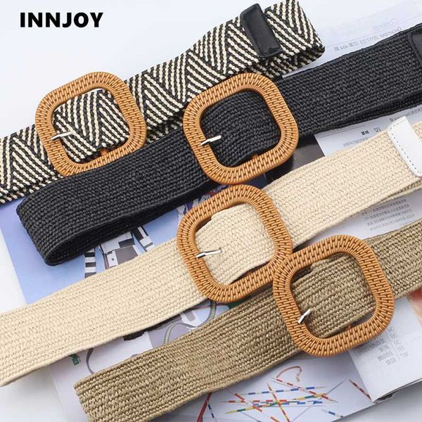 

vintage boho braided waist belt female summer woven belt round wooded smooth buckle straw wide belts for women waistband, Black;brown