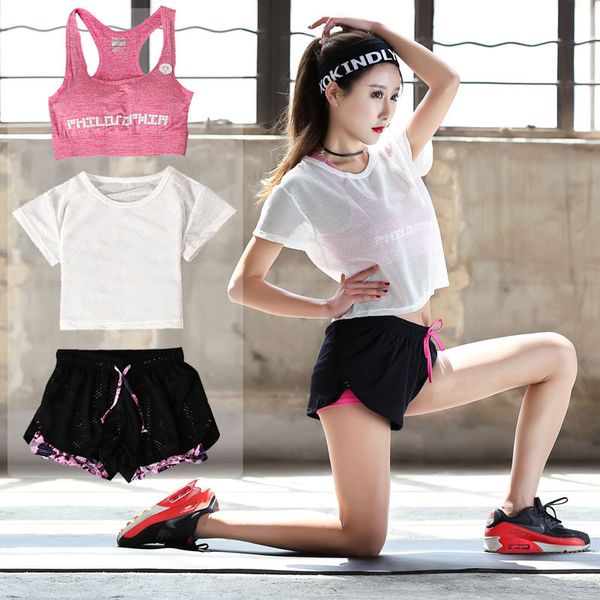 

3 piece sports suit fitness yoga set running exercise gym clothing workout clothes mesh crop bra+shorts female sportswear, White;red