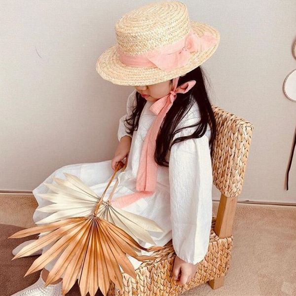

new butterfly straw children's hat summer sun protection korean style flat simple bow lace-up outdoor casual straw small hat, Yellow