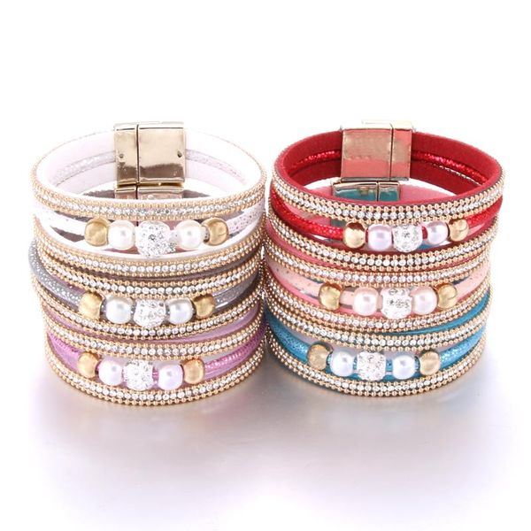 

2020 1pc fashion women multilayer bangle bracelet crystal beaded leather magnetic bracelet bangles for women jewelry, Golden;silver