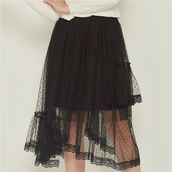 

spring leopard irregular cupcake layered mesh long skirt womens pleated tiered tulle maxi long skirts gray, Black
