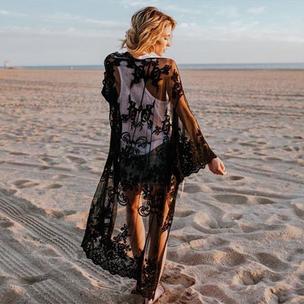 

women summer lace beach kimono cardigan regular feminino embroidery blouse long shirt black white camisa feminina 2020 tunic outerwear