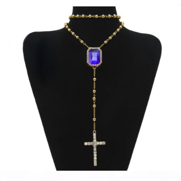 

a new hip hop style rosary bead red ruby cross pendant jesus necklace with clear rhinestones 24inch necklace men women, Silver