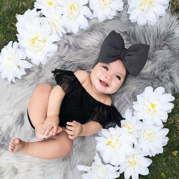 

newborn baby girl clothes set kids lace black off shoulder bodysuit shirt + headband summer infant outfit, Blue