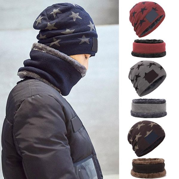 

winter knit beanie hat neck warmer scarf set of 2pcs men wool lined skull cap outdoor sports mvi-ing, Black