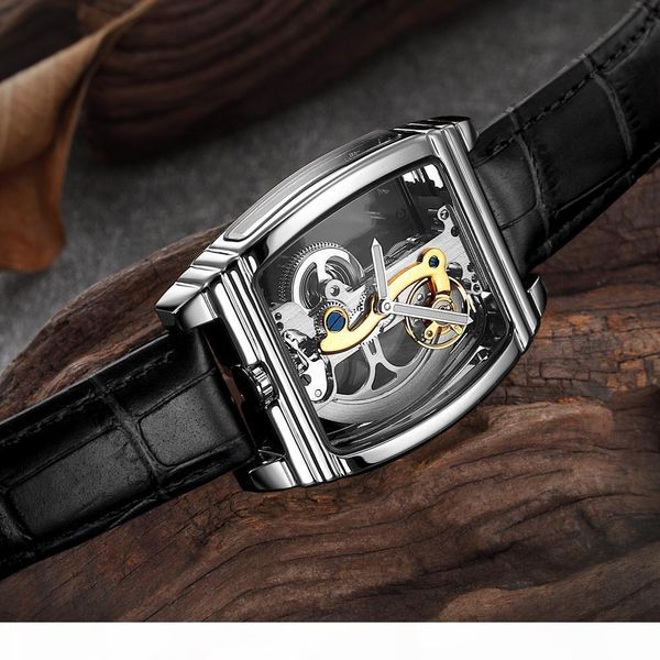 

e mens fashion transparent watch automatic mechanical watch men leather strap brand steampunk self winding montre homme, Slivery;brown