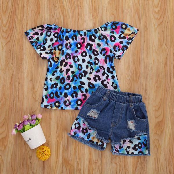 

clothing sets two-piece children leopard outfit girls short sleeve t-shirt denim shorts set, White