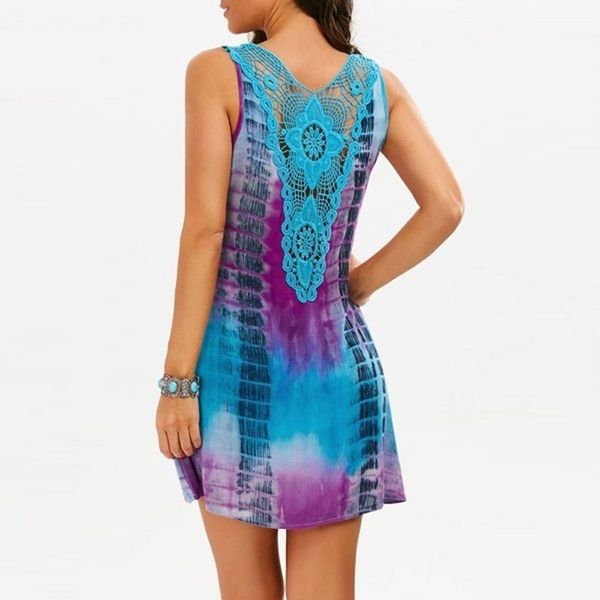 

boho print back lace dress vestidos tank style sleeveless dress o neck backless summer women beach, Black;gray