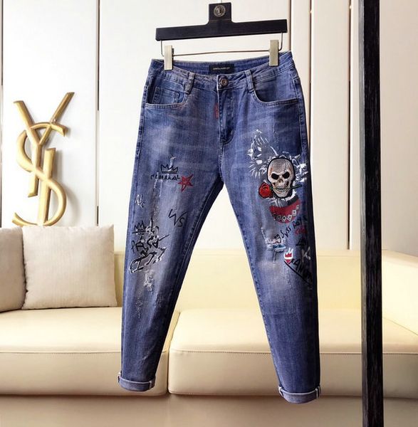 

fashion mens ripped biker jeans leather patchwork slim fit black moto denim joggers for male distressed jeans pants ~~#sa131, Blue